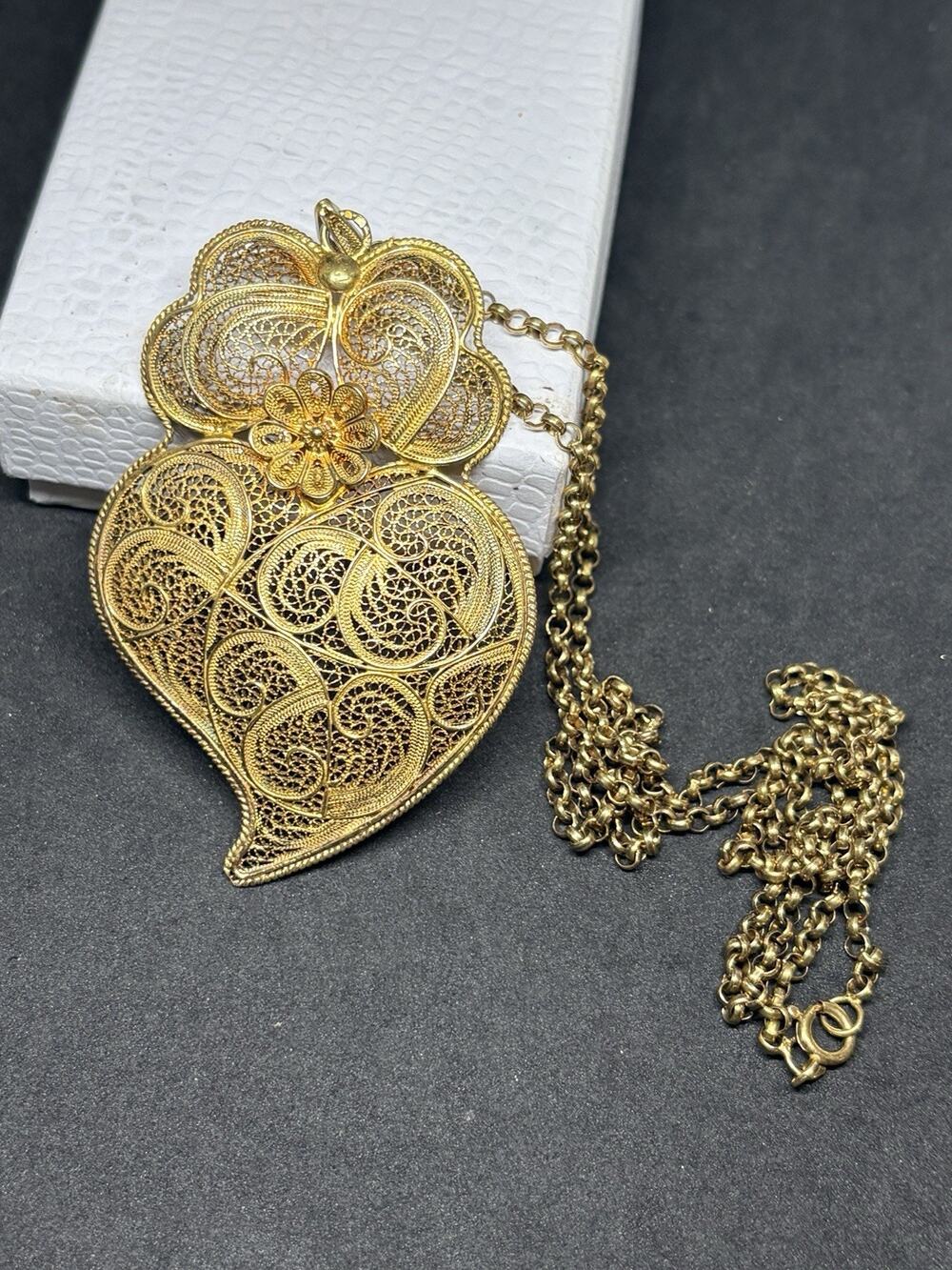 Portuguese 925 Sterling Silver Vermeil Filigree Heart of Viana Pendant Necklace
